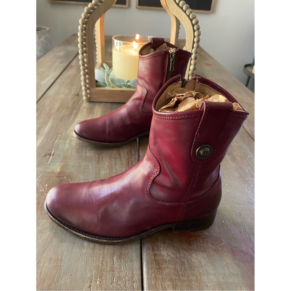 Frye Melissa Button Short Leather Moto Boots Bordeaux Womens 6 B Merlot Burgundy